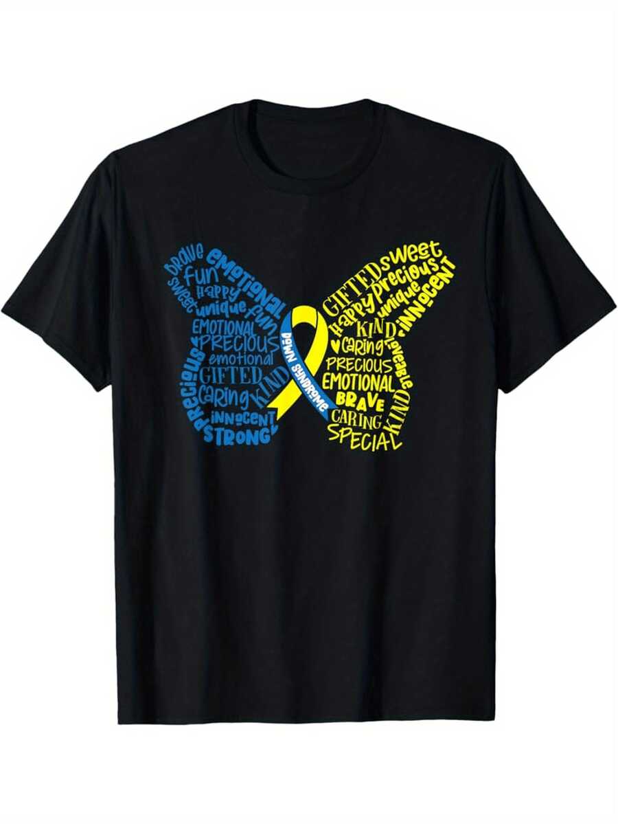 Camiseta del Mes de Concientización sobre el Síndrome, con diseño de síndrome y trisomía 21/21+ - blanca con estampado de mariposas azules y amarillas y piezas de rompecabezas, camiseta casu - Negro - Ver 1