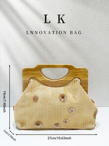 1 pièce Pochette de plage bohème, sac de soirée élégant pour femmes avec décoration florale en perles 3D, poignée en cadre en bois, style vacances d'été, avec chaîne métallique pour sac bandoulière, parfait pour les vacances d'été, les banquets, les mariages et autres occasions - Multicolore - Voir 6