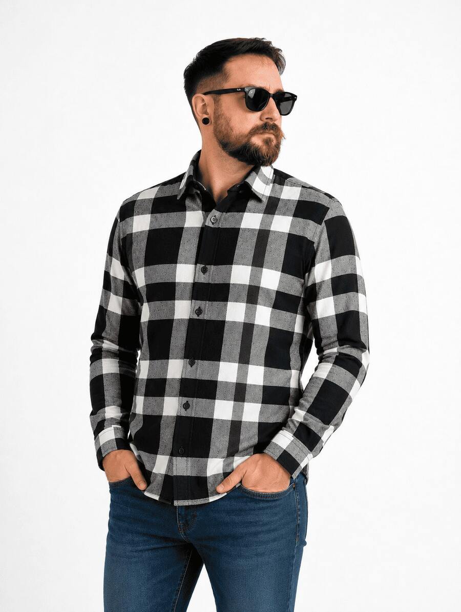 Men's Long-Sleeved Flannel Plaid Shirt - 黑色 - 查看 1