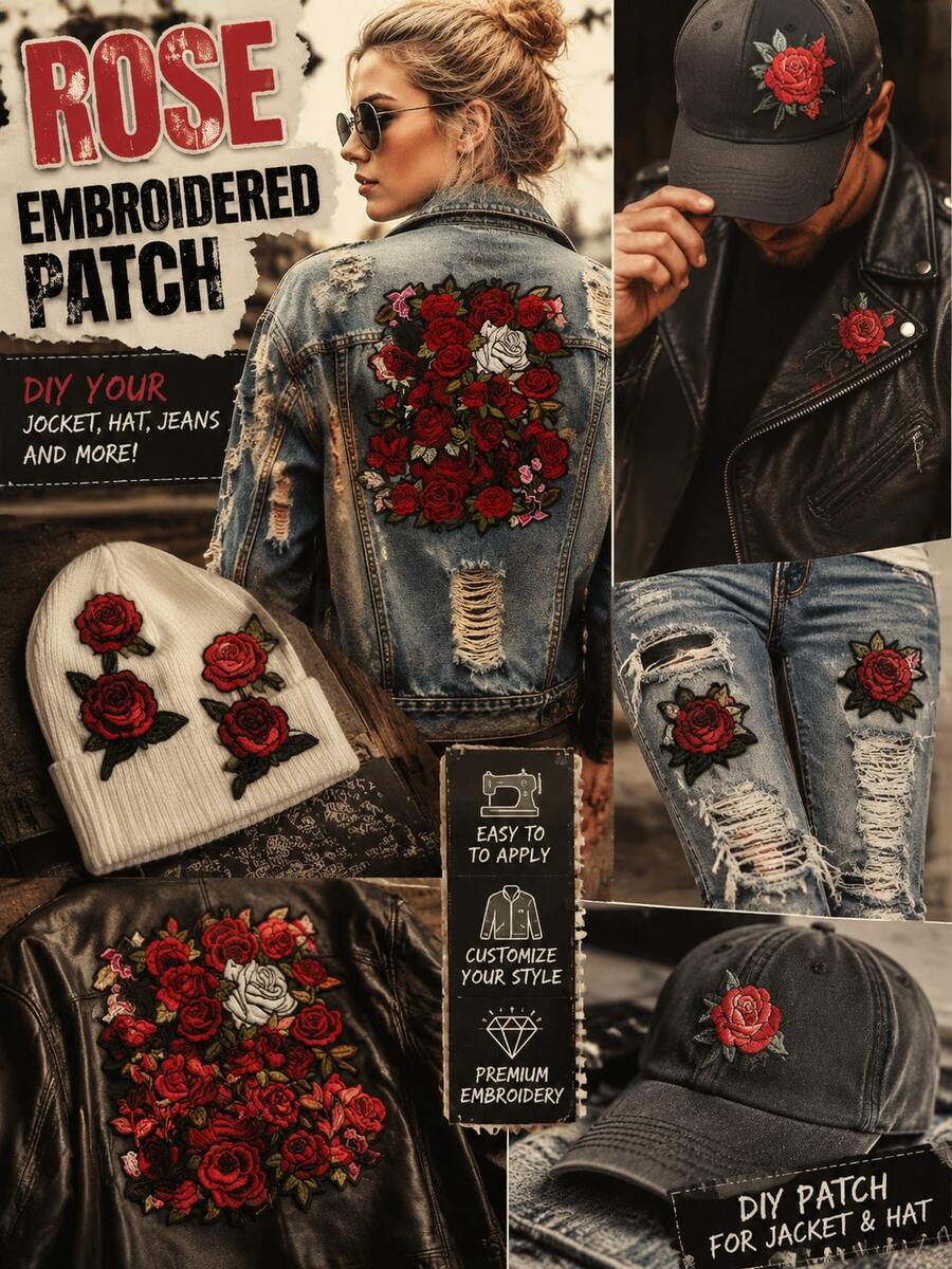 玫瑰花刺繡燙貼布貼，適用於DIY衣物與配件 - 獨特設計刺繡燙貼布貼，適用於帽子、牛仔褲、夾克等，可愛卡通刺繡貼花 - 多色 - 查看 1