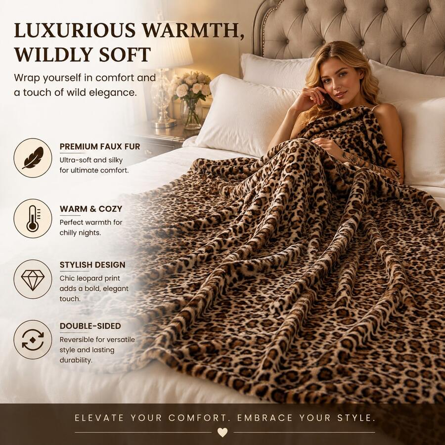 1pc New Camel Color Large Leopard Print Faux Rabbit Fur Plush Blanket, Suitable For Bed Nap Cover, Sofa Binge-Watching Throw, Bay Window Soft Decor - Camel-colored Leopard Print - View 1