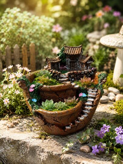 Resin Succulent Planter Pot With Multi-Level Design, Dual Cavity Plant Holder With Drainage Hole, Ornamental Flower Pot For Bonsai/Herbs, Desktop Planter For Living Room Bedroom, Silver & Brown Options