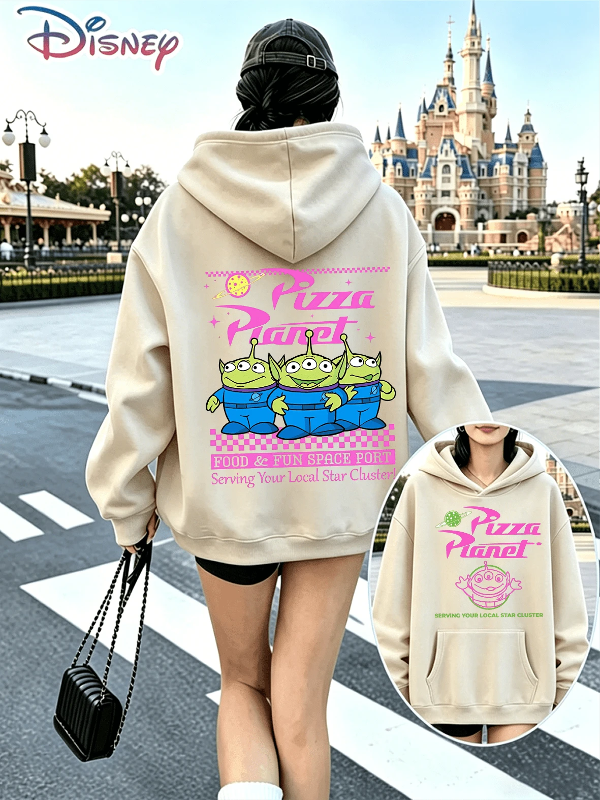 Disney Retro Y2K Toy Story Pizza Planet Alien Front Back Print Oversized Hoodie Soft Fleece Casual Streetwear Sweatshirt - 杏色 - 查看 1