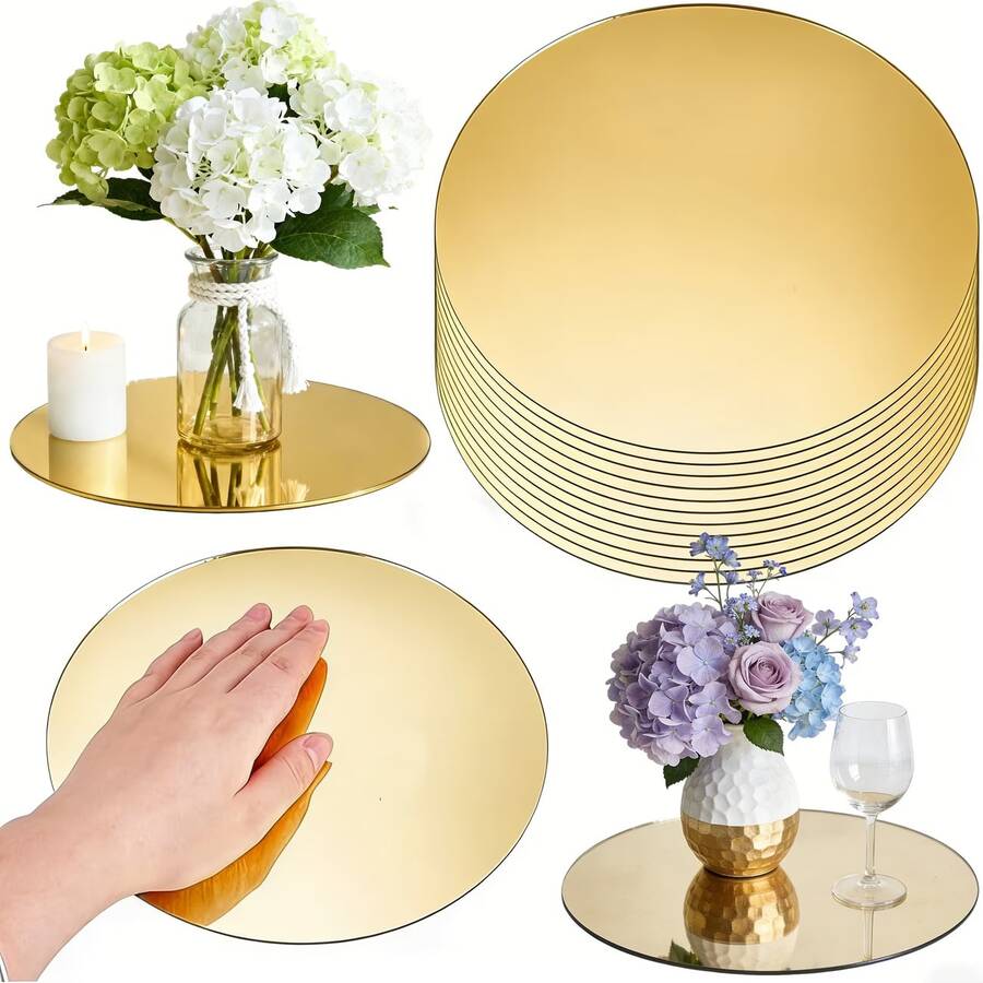 16pcs Decorative Tray Set, 15cm Gold Round Acrylic Mirror Tray, Candle Holder, Shatter-Resistant Acrylic Mirror Makeup Mirror, Suitable For Table Centerpiece Decoration, Wedding Decor, Birthday Party Decor, Photography Props, Non-Food Contact - Multiple Styles - View 1