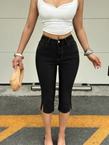 Mid-Waist Retro Stretch Split Hem 3/4 Slim Fit Denim Capri Shorts, Khaki, Suitable For Summer Spring Casual Outings And Dates - Black - View 4