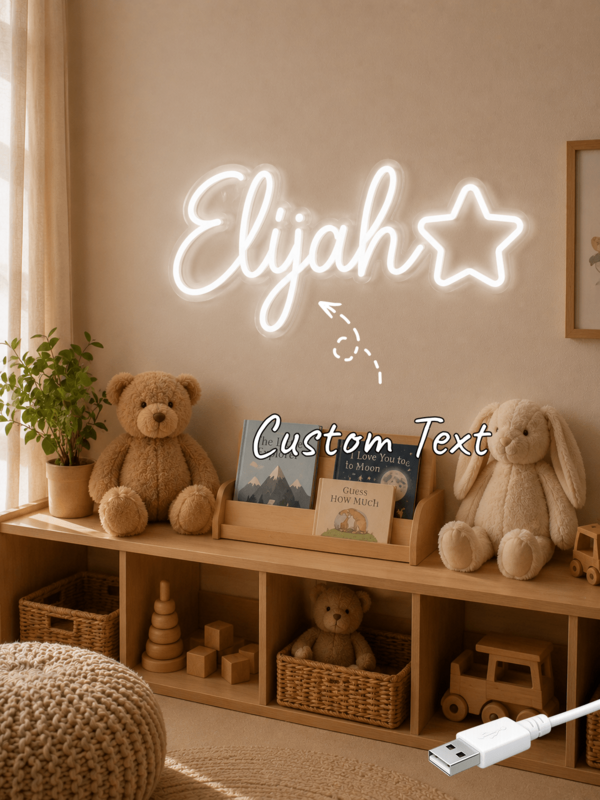 Papan Nama Neon Kustom dengan Pencahayaan Bintang Lima Sudut yang Hangat, Lampu Bertenaga USB, Hadiah Ulang Tahun Ideal untuk Kamar Tidur Anak Laki-laki, Perempuan, dan Kamar Bayi
