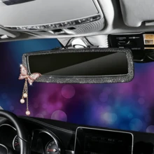 1PC Universal Butterfly Style Car Interior Rearview Mirror With Pearl Pendant & Rhinestones, Oblong Mirror Surface, Non-Prescription Lens, Sparkling Rhinestone Car Interior Ornament, Fits Most Vehicles, Ladies' Car Interior Accessory - Multicolor - View 3