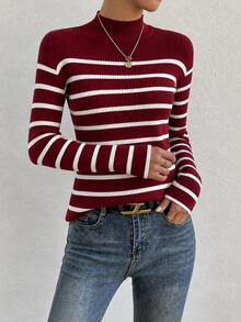 Women's Burgundy And White Striped Knit Sweater, Mid-High Neck, Elegant Office Style, Suitable For Office Occasions, Pairing With Coats, Everyday Wear, Dates - 紅色 - 查看 4