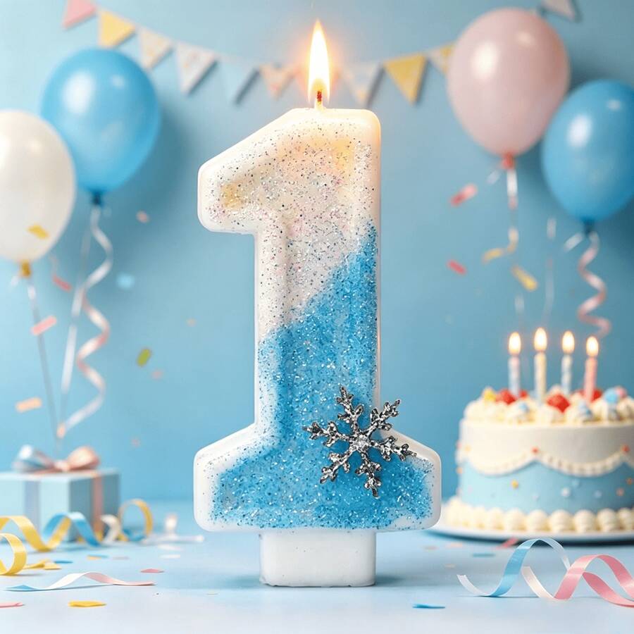1pc Digital Candle 0-9 Sky Blue Snowflake Glitter Birthday Candle, Suitable For Birthday Parties, Holiday Parties, Themed Parties - Sky Blue - View 1