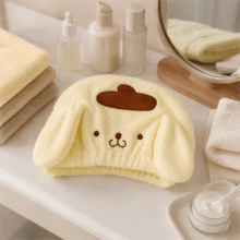 MINISO Sanrio Pompompurin 毛絨洗髮帽，超吸水毛巾包裹，開學季日常洗浴必需品，舒適女性淋浴配件 - 黃色 - 查看 3