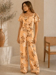 Long Jumpsuit, Thermal Print, All-Over Print, Polyester, Embroidered, With Belt, Buttons, Front Zipper, Birthday Party, Dating, Spring/Summer. - SALMÓN - Ver 1