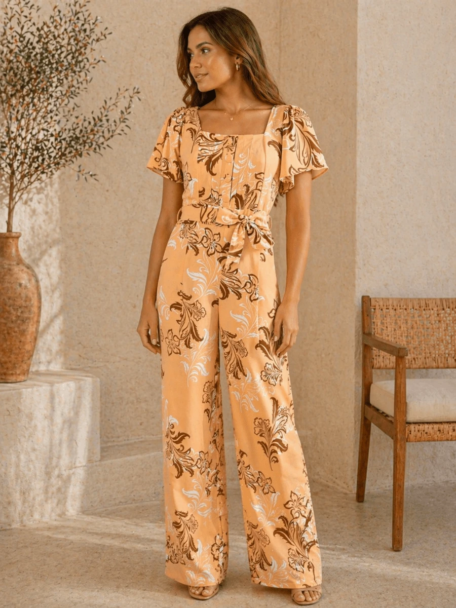 Long Jumpsuit, Thermal Print, All-Over Print, Polyester, Embroidered, With Belt, Buttons, Front Zipper, Birthday Party, Dating, Spring/Summer. - SALMÓN - Ver 1