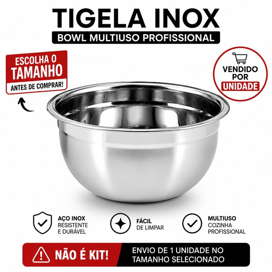 Tigela Cumbuca Bowl de Aço Inox Multiuso Sobremesa Saladeira Vasilha Pote de Cozinha Profissional Escolha o Tamanho Correto Vendido por Unidade - 26cm - Visão 1