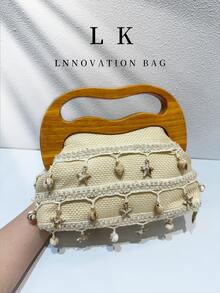 1 pièce Pochette de plage bohème, sac de soirée élégant pour femmes avec décoration florale en perles 3D, poignée en cadre en bois, style vacances d'été, avec chaîne métallique pour sac bandoulière, parfait pour les vacances d'été, les banquets, les mariages et autres occasions - Multicolore - Voir 13