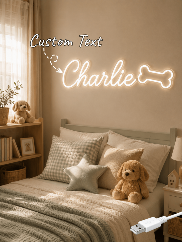 Custom Name Neon Sign With Bone Tail Design, Warm White LED Wall Mounted, USB Powered, Ideal Gift For Baby Boys' Nursery