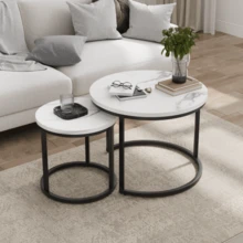 White Nesting Coffee Table 2-Piece Set, 60cm Metal Frame Round Coffee Table, Modern Coffee Table 2-Piece Set, Suitable For Living Room, Bedroom, Balconies, Patios, Offices, Small Space - White - View 1