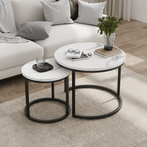 White Nesting Coffee Table 2-Piece Set, 60cm Metal Frame Round Coffee Table, Modern Coffee Table 2-Piece Set, Suitable For Living Room, Bedroom, Balconies, Patios, Offices, Small Space - White - View 1
