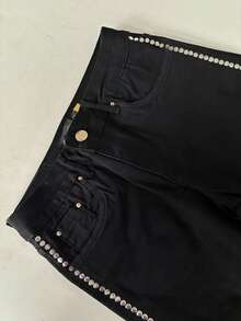 pthirillo Women's Black Flare Jeans With Butt-Lifting Effect, High Waist, And Rhinestone Detail - Premium Rhinestone Jeans - Lateral Rates - View 8