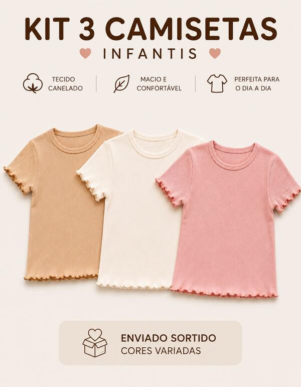 Kit 3 camisetas Infantil MeninA SORTIDO Manga FRUFRU