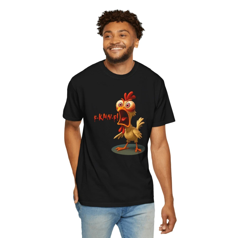 K-KAW-F Chicken Illustration T-Shirt Funny Farm Bird Tee - 黑色 - 查看 1