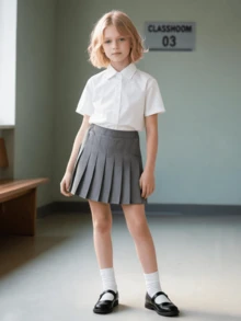 女童 7Y-16Y 百褶高腰 A 字迷你裙，英倫學院風優雅韓系設計，親膚內建防走光安全褲，百搭日常穿搭，適用於上學、畢業典禮、六一合唱、運動會、生日拍照、家庭出遊，春秋四季皆宜，小/中/大童及國中生開學必備 - 灰色 - 查看 5