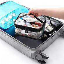 Bolsa de cosméticos portátil de PVC transparente con doble cremallera, impermeable, bolsa de aseo de viaje grande, organizador de almacenamiento de mano para cuidado de la piel, brochas de maquillaje, artículos de papelería para estudiantes, lápices, borradores, artículos de tocador de baño, artículos varios de escritorio para viaje, negocios y equipaje - Multicolor - View 4