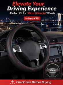 Perforated PU Leather Steering Wheel Cover, Non-Slip Inner Ring, Breathable Laser Cut Grip Protector, Durable Red Stitching, Unisex 14.5-15 Inch Car Interior Accessory, Soft Faux Leather Steering Wheel Cover - A - View 10