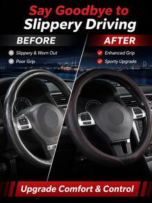 Perforated PU Leather Steering Wheel Cover, Non-Slip Inner Ring, Breathable Laser Cut Grip Protector, Durable Red Stitching, Unisex 14.5-15 Inch Car Interior Accessory, Soft Faux Leather Steering Wheel Cover - A - View 6