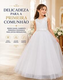 Long Dress For Children, Youth, Party, Flower Girl, Bridesmaid, Wedding, Flower Girl, Debutante, Princess, Miss, Lace With Bow, 3/4 Sleeve, Luxury - 3 To 16 Years - 白色 - 查看 9