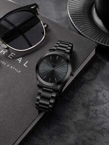 BIDEN 1pc Waterproof Stainless Steel Strap Analog Quartz Watch, Simple Business Watch For Men, Gift - Black - View 3