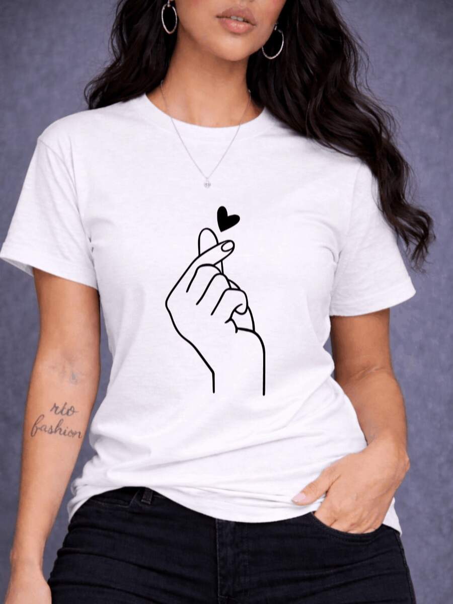 Playera Casual Mujer Estampado Corazón Coreano Camiseta Manga Corta Cuello Redondo Estilo K-Fashion Suave Minimalista Moderno - Blanco - Ver 1