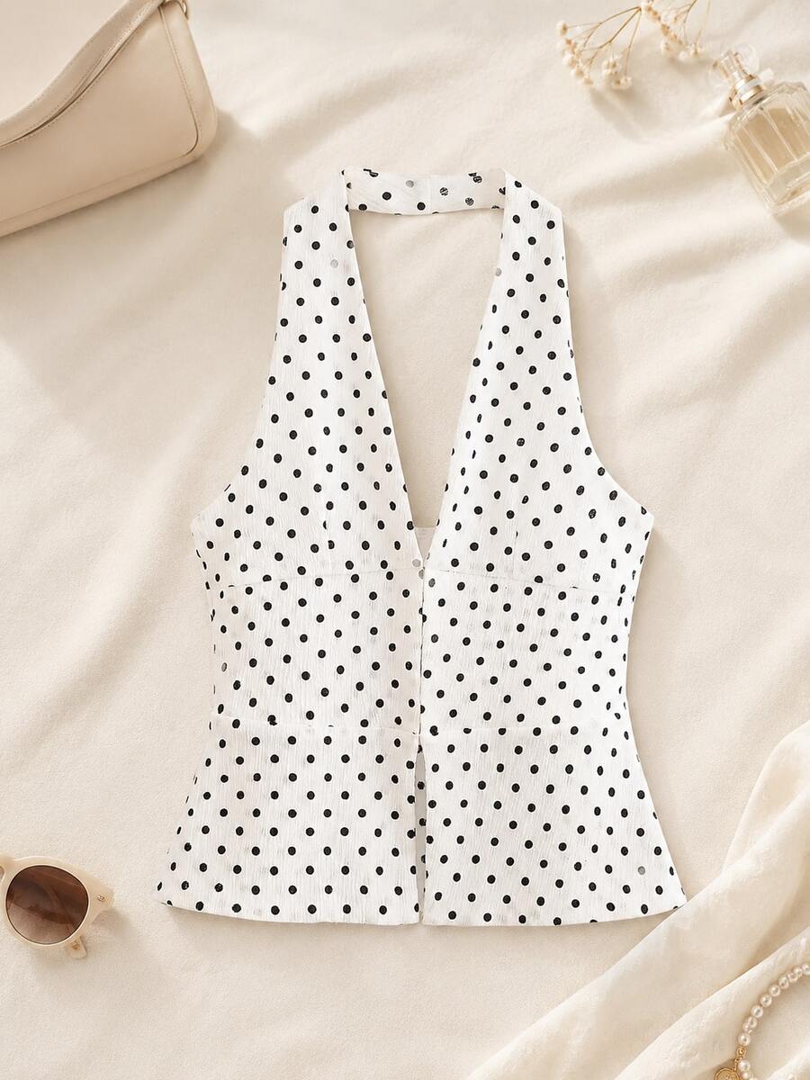 Polka Dot Halter Neck Top, Summer - Black and White - View 1