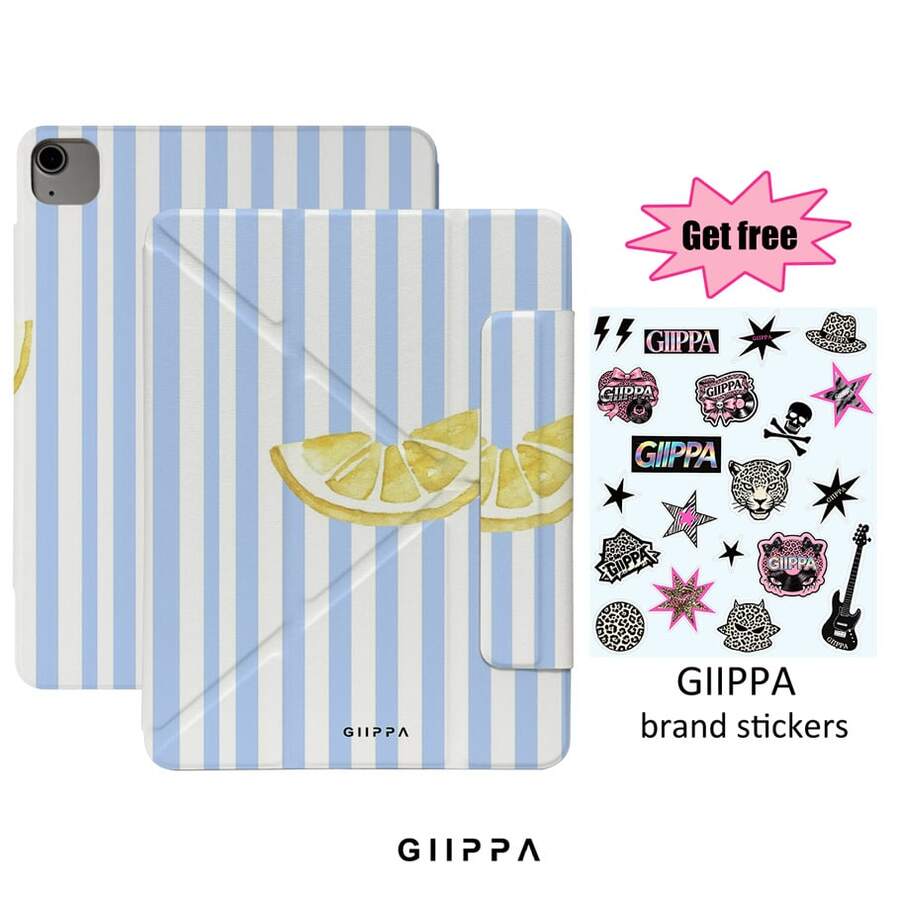 GIIPPA 1 pieza Funda protectora con diseño de rodaja de limón en acuarela a rayas azules y blancas, incluye pegatinas, regalo perfecto para el Día de San Valentín, funda magnética desmontable con plegado en Y a prueba de golpes con ranura para lápiz, compatible con iPad Mini 6/7, Air 2/3/4/5/11/13" (M2/M3 2024-2025), 5/6/7/8/9/10/11ª generación, Pro 10.5/11/12.9" (2017-2025), estilo pastoral fresco de verano - Multicolor - Ver 1