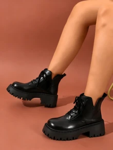 Women's Black Lace-Up Thick-SoleBoots, Casual Versatile Platform Ankle Boots For Fall And Winter - Black - View 8