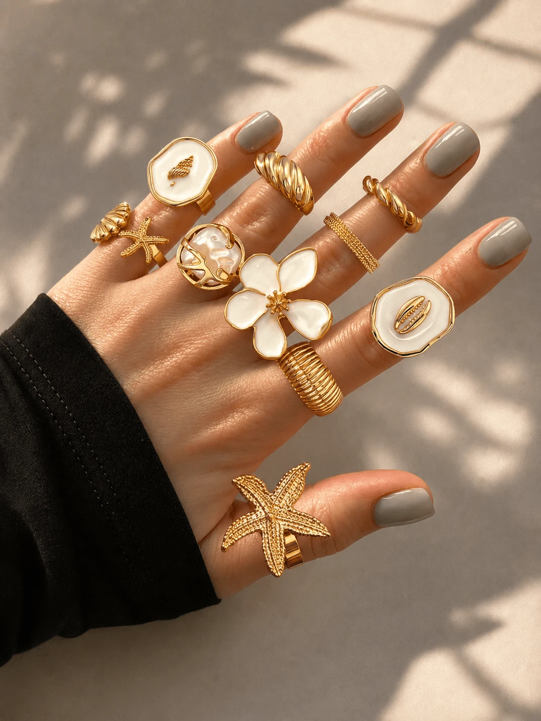 10pcs Exaggerated Wide Metal Open Ring Set, Faux Shell Starfish Conch Fish Tail Flower White Drip Rhinestone Thick Smooth Asymmetrical Geometric Multi-Layered Rings For Women, Date, Banquet, Beach, Vacation, Party, Music Festival Accessories
