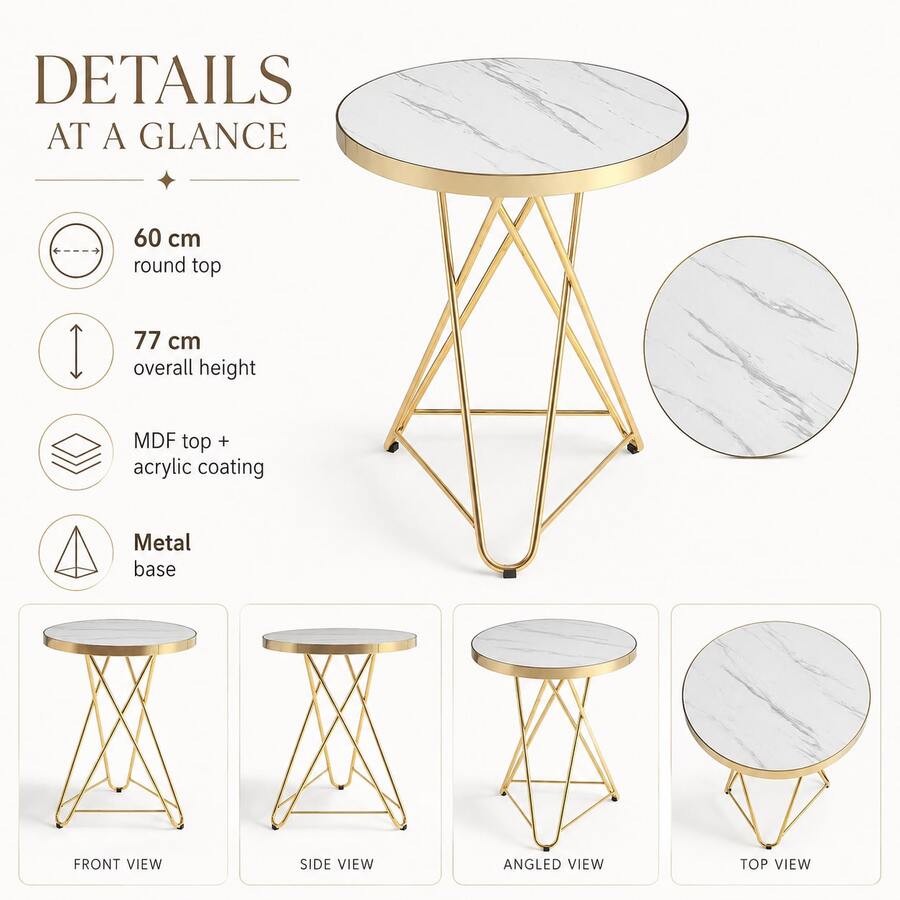 60cm Round Marble Pattern Side Table, Glossy Tabletop With Gold Geometric Steel Base, Black/White/Brown Available, Suitable For Living Room/Bedroom/Coffee Corner - White - View 1