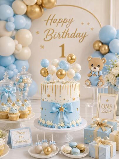 16pcs/1set Cute Blue Bear Cake Toppers, Colorful Foam Ball Cake Toppers, Party Gift Cake Decorations, Soft Rubber Doll Decorations, Bear Birthday Decorations, Bear Cake Decorations