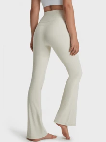 KyrLssu Damen Langhose mit hoher Taille und Bootcut-Schnitt, figurbetonte Schlaghose mit integriertem breitem Bund und schlichtem minimalistischem Outfit-Design - Weiss - Übersicht 4