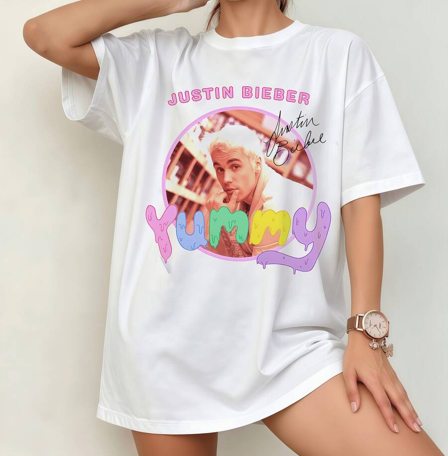 Unisex J-Justin B-Bieber Yummy Rainbow Font Portrait Pop T-Shirt Unisex - White - View 1