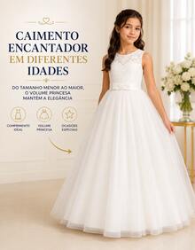 Long Dress For Children, Youth, Party, Flower Girl, Bridesmaid, Wedding, Flower Girl, Debutante, Princess, Miss, Lace With Bow, 3/4 Sleeve, Luxury - 3 To 16 Years - 白色 - 查看 7