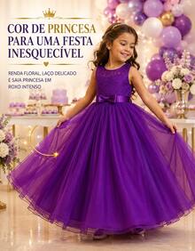 Long Dress For Children, Youth, Party, Flower Girl, Bridesmaid, Wedding, Flower Girl, Debutante, Princess, Miss, Lace With Bow, 3/4 Sleeve, Luxury - 3 To 16 Years - 紫色 - 查看 3