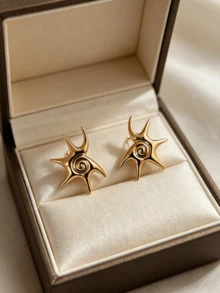 1 Pair Asymmetrical Spiral Pentagram 3D Stud Earrings With Center Vortex Pattern Design, Millennium Y2K Hot Girl Style Accessory (Minor Scratches And Bubbles Are Normal, Please Consider Carefully Before Purchasing) - Yellow Gold - View 4