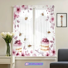 2pcs Watercolor Cherry Blossom & Cake Sheer Curtains-Adorned With Cherry Blossom, Cake, And Bee Motifs; Light-Filtering With 2D Flat Printing; Suitable For Bedrooms, Living Rooms, Dining Rooms, And Kitchens. - Multicolor - 2pcs - View 10
