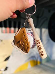 1 Set Mini Baseball Keychain, Sporty PU Leather Baseball Glove Bat Ball Charm, Personalized Name Number Detail, Baseball Team Gift Key Ring - Multicolor - View 4