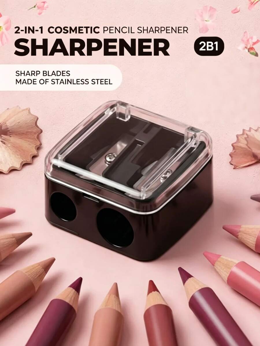 1個多色化妝筆削筆器，適用於眉筆、眼線筆、唇線筆、口紅及其他化妝品，雙孔削筆器附防塵蓋，適合學校、居家與辦公室使用，開學季適用 - A - 查看 1