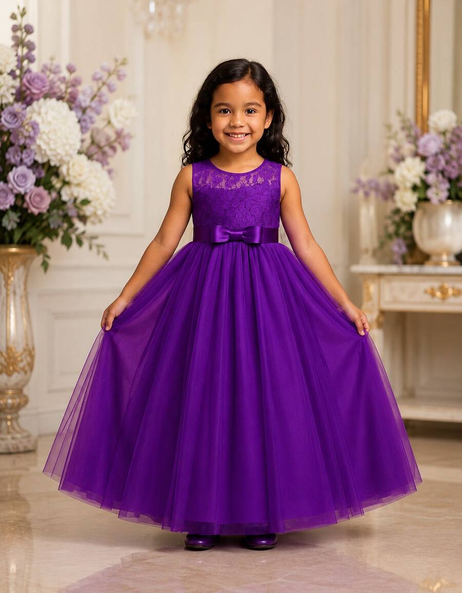 Long Dress For Children, Youth, Party, Flower Girl, Bridesmaid, Wedding, Flower Girl, Debutante, Princess, Miss, Lace With Bow, 3/4 Sleeve, Luxury - 3 To 16 Years - 紫色 - 查看 1
