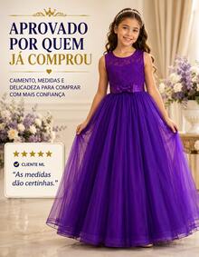 Long Dress For Children, Youth, Party, Flower Girl, Bridesmaid, Wedding, Flower Girl, Debutante, Princess, Miss, Lace With Bow, 3/4 Sleeve, Luxury - 3 To 16 Years - 紫色 - 查看 10