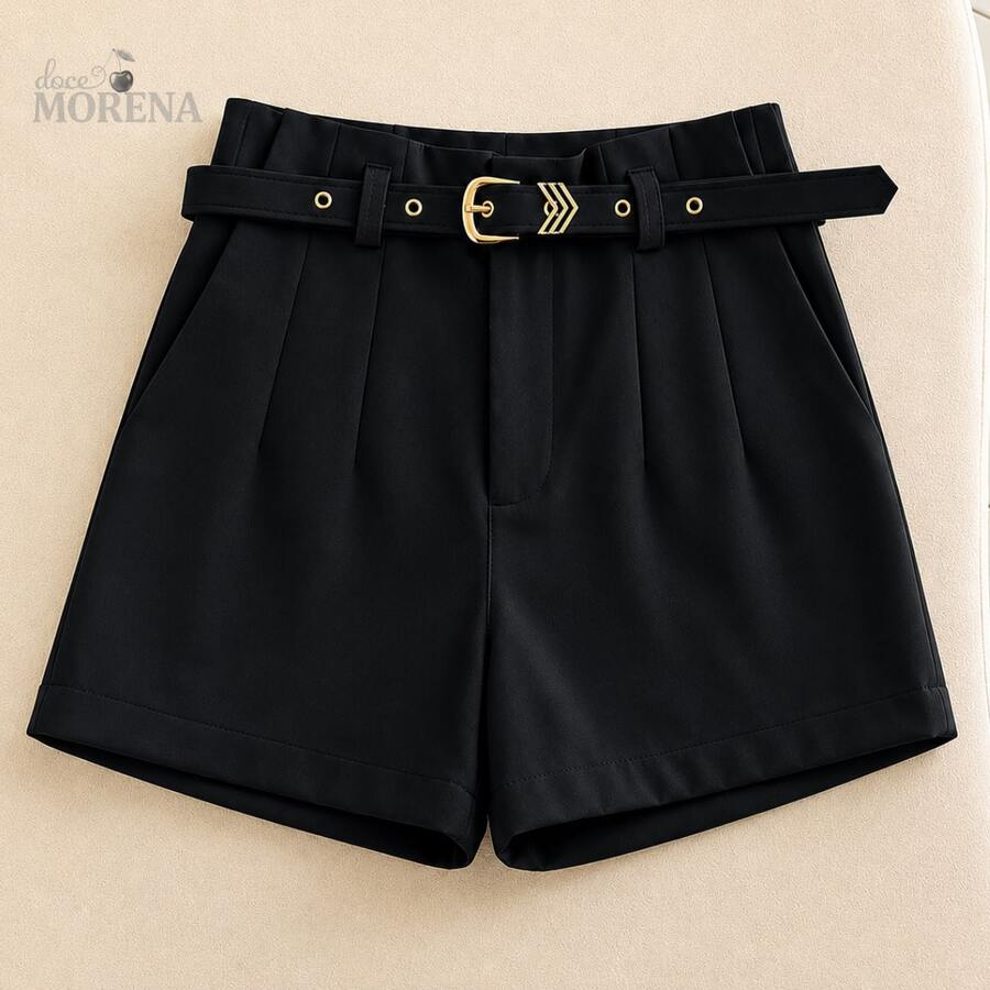 Short Feminino Alfaiataria Cintura Alta com Cinto Dourado e Bolsos – Elegante Casual Chic Look São João Moda Feminina 2026 Blogueira Fashion Viral Social Confortável Premium - Preto - Visão 1