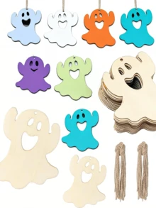 10/20 piezas Decoraciones colgantes de Halloween, adornos de fantasmas de madera en blanco, adecuados para pintura DIY, decoración del hogar para fiestas de Halloween, adecuados para interiores, exteriores, jardín, césped, fiesta, regalo portátil de vacaciones, suministros para fiestas de terror en el hogar - Decoraciones de madera hechas en casa - Ver 8