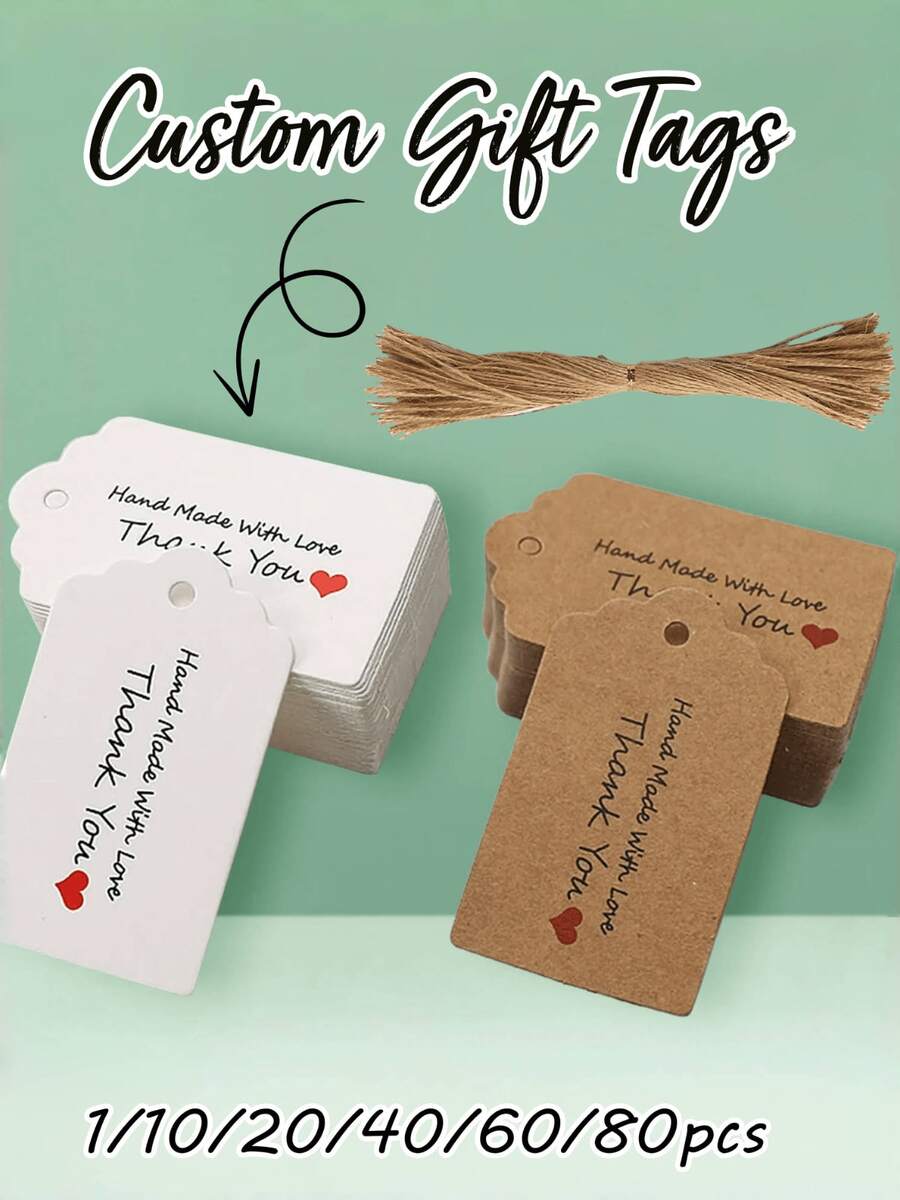 1/10/20/40/60/80pcs Customized Asymmetrical Tags, Handmade With Love, Customizable Party/Wedding Logo, Thank You Cards, Price Tags, Wedding Favor Custom Labels, Natural Jute Gift Packaging Labels, Baby Shower/Welcome Baby Custom Labels - Multicolor (square) - View 1